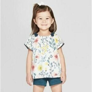 OshKosh Toddler Girls Short Sleeve‎ Blouse Genuine Kids® Almond Cream Floral 18M